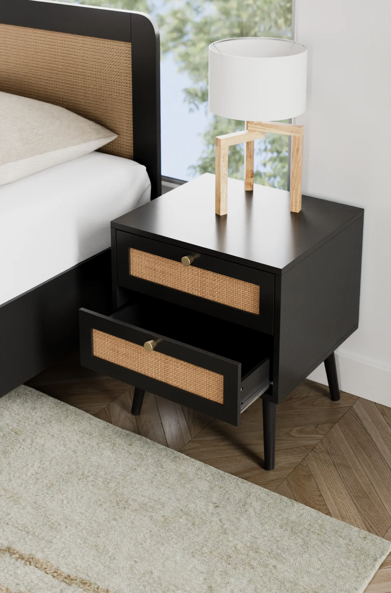 Ronnie Black Rattan Wooden Bedside Table - Image 6